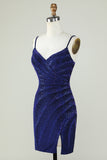 Sparkly Sheath Spaghetti Straps Royal Blue Short Homecoming Dress with Beading