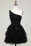 Gorgeous Black One Shoulder Homecoming Dress With Appliques