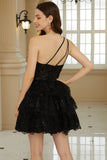 Stylish A Line One Shoulder Black Short Homecoming Dress with Appliques