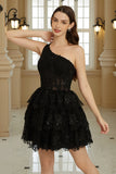 Stylish A Line One Shoulder Black Short Homecoming Dress with Appliques