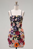 Black Spaghetti Straps Sheath Homecoming Dress with 3D Flowers