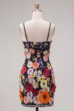 Black Spaghetti Straps Sheath Homecoming Dress with 3D Flowers