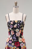 Black Spaghetti Straps Sheath Homecoming Dress with 3D Flowers