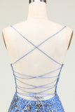 Sparkly Sheath Spaghetti Straps Grey Blue Sequins Short Homecoming Dress with Criss Cross Back