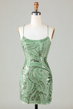 Sparkly Green Sheath Spaghetti Straps Short Homecoming Dress with Criss Cross Back