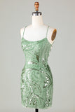 Sparkly Sheath Spaghetti Straps Green Short Homecoming Dress with Criss Cross Back