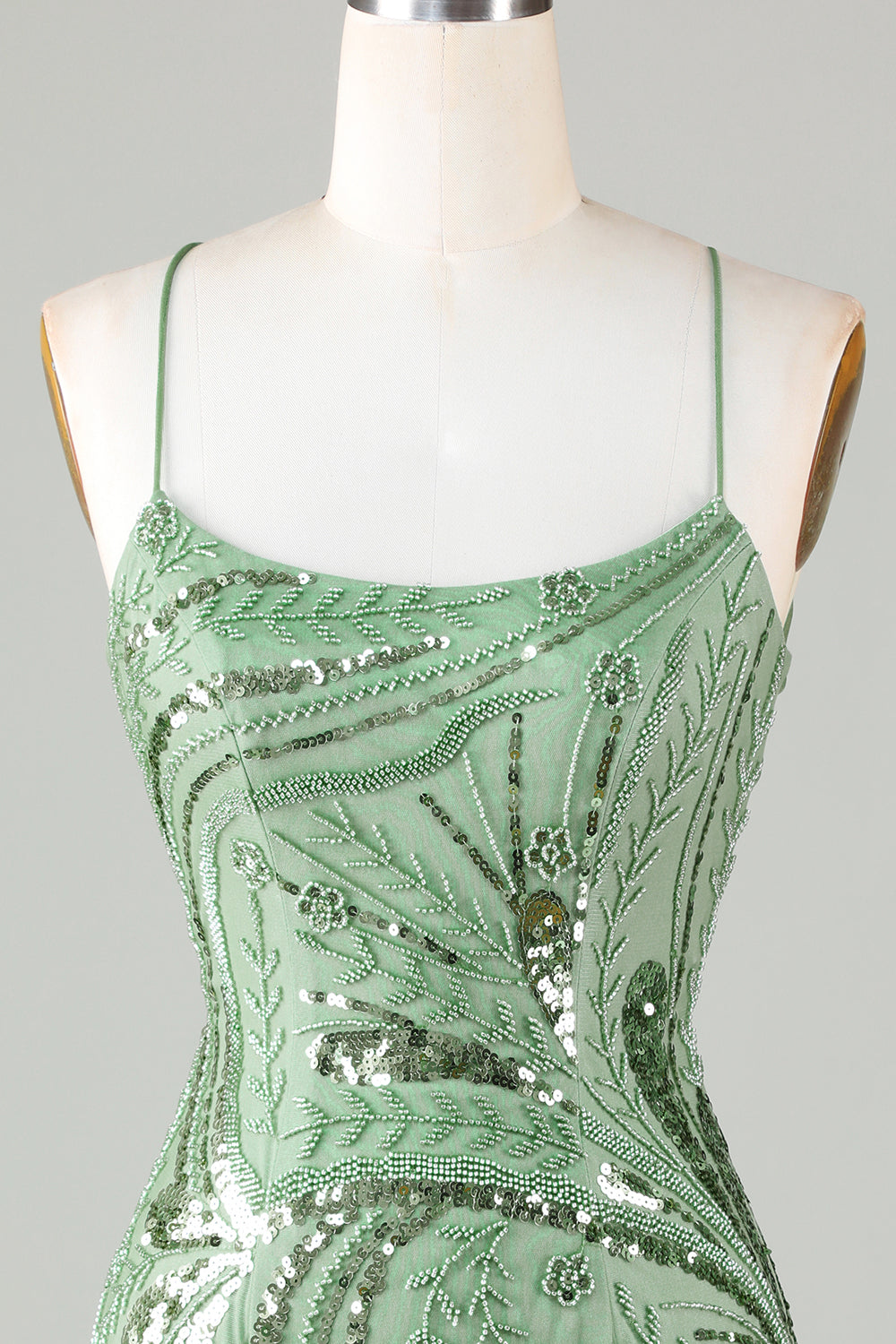 Sparkly Sheath Spaghetti Straps Green Short Homecoming Dress with Criss Cross Back