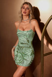 Sparkly Green Sheath Spaghetti Straps Short Homecoming Dress with Criss Cross Back