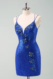 Royal Blue Glitter Tight Homecoming Dress with Sequins Butterflies