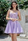 Purple Corset A-Line Satin Short Homecoming Dress with Lace