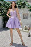 Cute A Line Spaghetti Straps Purple Corset Homecoming Dress with Criss Cross Back