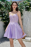 Purple Corset A-Line Satin Short Homecoming Dress with Lace