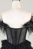 Sparkly Beaded Corset A-Line Black Short Homecoming Dress with Feathers