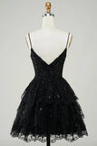 Cute A Line Spaghetti Straps Dark Blue Sparkly Corset Homecoming Dress