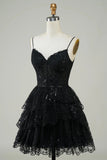 Cute A Line Spaghetti Straps Dark Blue Sparkly Corset Homecoming Dress