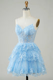 Cute A Line Spaghetti Straps Dark Blue Sparkly Corset Homecoming Dress