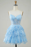 Cute A Line Spaghetti Straps Dark Blue Sparkly Corset Homecoming Dress