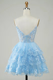 Cute A Line Spaghetti Straps Dark Blue Sparkly Corset Homecoming Dress