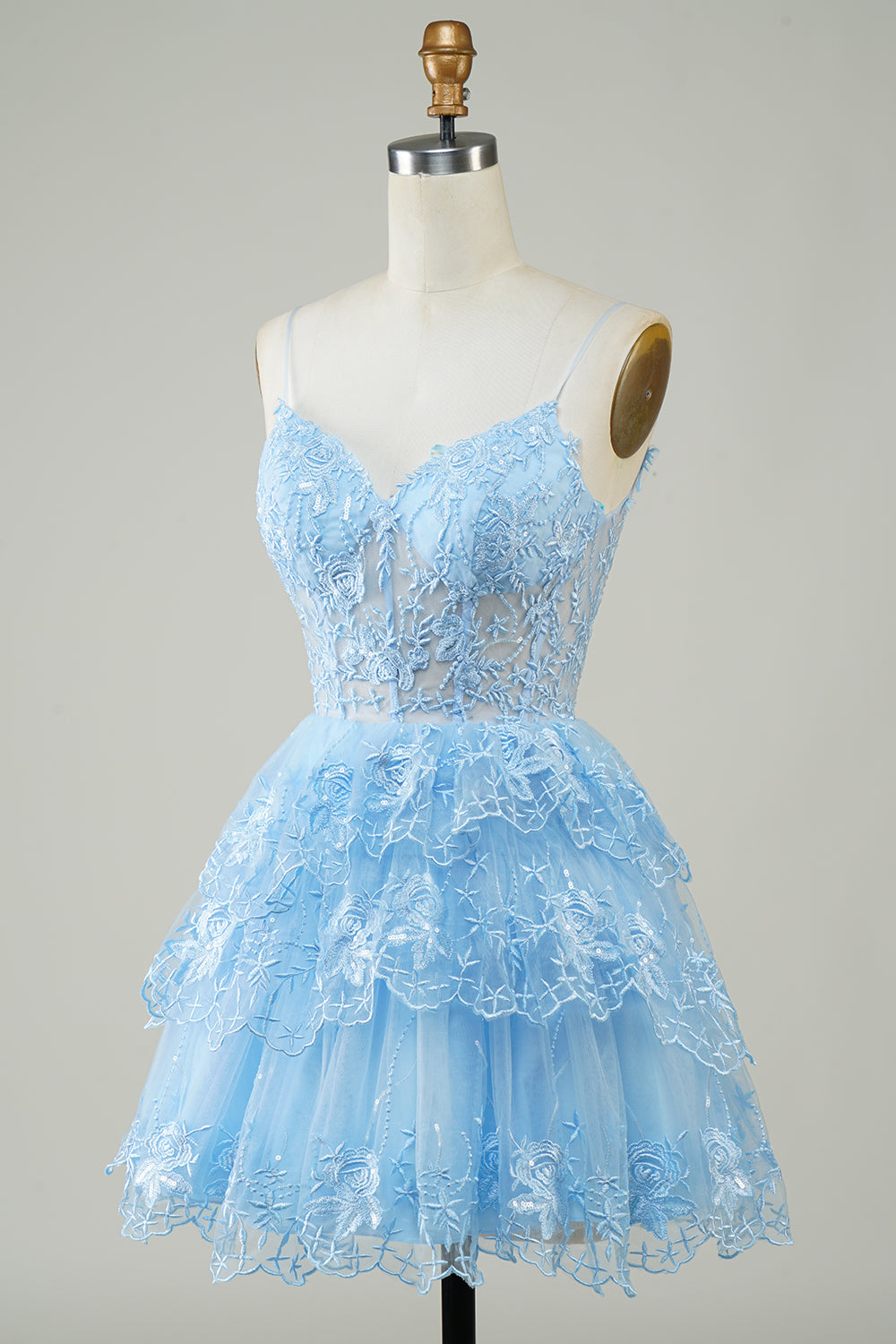 Gorgeous A Line Spaghetti Straps Blue Sparkly Corset Homecoming Dress