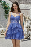 Cute A Line Spaghetti Straps Dark Blue Sparkly Corset Homecoming Dress with Sequins