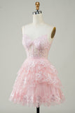 Gorgeous A Line Spaghetti Straps Pink Sparkly Corset Homecoming Dress