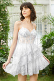 Cute A Line Spaghetti Straps Dark Blue Sparkly Corset Homecoming Dress