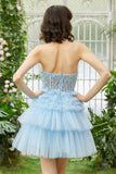 Cute A-Line Sweetheart Blue Corset Short Homecoming Dress with Ruffles