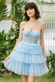 Cute A-Line Sweetheart Blue Corset Short Homecoming Dress with Ruffles