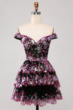 Sparkly Black A Line Off The Shoulder Corset Tiered Lace Short Homecoming Dress