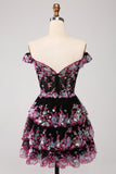 Sparkly Black A Line Off The Shoulder Corset Tiered Lace Short Homecoming Dress