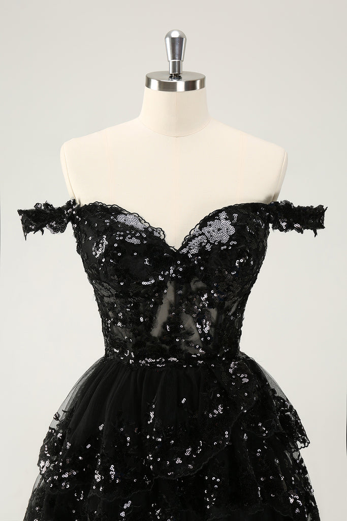 ZAPAKA Women Sparkly Black Homecoming Dress A Line Off The Shoulder