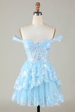 Sparkly Black A Line Off The Shoulder Corset Tiered Lace Short Homecoming Dress