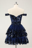 Sparkly Black A Line Off The Shoulder Corset Tiered Lace Short Homecoming Dress