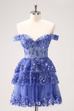 Sparkly Blue Corset Tiered Lace A-Line Short Homecoming Dress