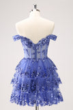 Sparkly Blue Corset Tiered Lace A-Line Short Homecoming Dress