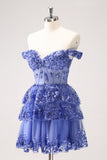 Sparkly Blue Corset Tiered Lace A-Line Short Homecoming Dress