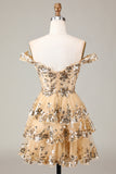 Sparkly Golden Corset Tiered Lace A-Line Short Homecoming Dress
