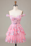 Sparkly Black Pink Corset Tiered Lace A-Line Short Homecoming Dress