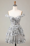 Sparkly Black A Line Off The Shoulder Corset Tiered Lace Short Homecoming Dress