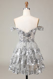 Sparkly Black A Line Off The Shoulder Corset Tiered Lace Short Homecoming Dress