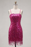 Fuchsia Sheath Spaghetti Straps Sequins Homecoming Dress with Lace Up Back