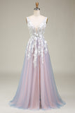 Grey Pink A Line Deep V Neck Long Prom Dress with Appliques