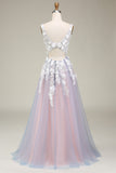 Grey Pink A Line Deep V Neck Long Prom Dress with Appliques