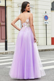 Glitter A-Line Spaghetti Straps Lilac Long Prom Dress with Flowers