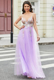 Glitter A-Line Spaghetti Straps Lilac Long Prom Dress with Flowers