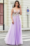 Glitter A-Line Spaghetti Straps Lilac Long Prom Dress with Flowers