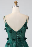 Glitter Dark Green Spaghetti Straps Lace Flower Long Corset Prom Dress