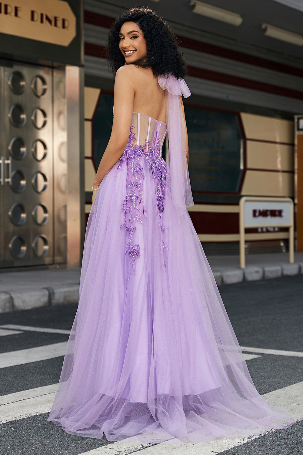 Zapaka Women Grey Purple A-Line Halter Neck Beaded Long Prom Dress