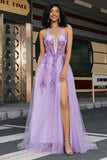 Grey Purple A-Line Halter Neck Beaded Long Prom Dress with Slit