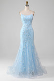 Blue Beaded Mermaid Spaghetti Straps Plus Size Long Prom Dress with Lace Up Back